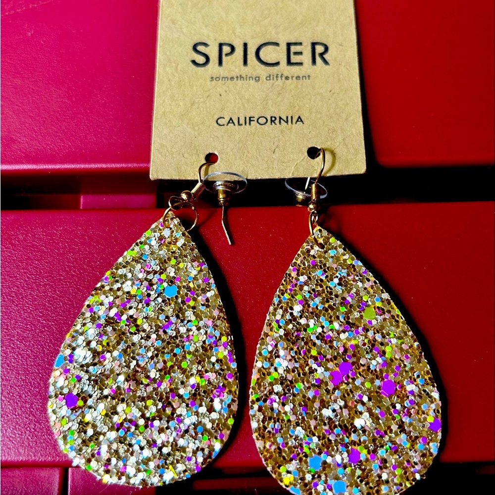 Earrings by Spicer: Gold Glittery Tear Drop Earring.